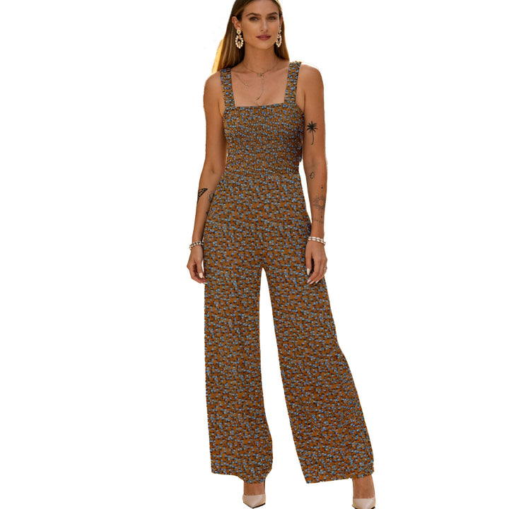 Floral Print Square Neck Smocked Wide-Leg Jumpsuit, Sleeveless Summer Jumpsuit