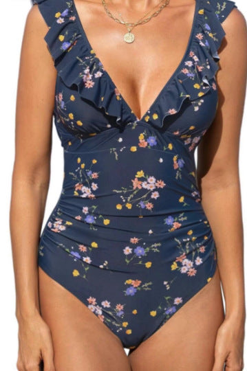 Floral Ruffle-Shoulder Ruched One-Piece Swimsuit