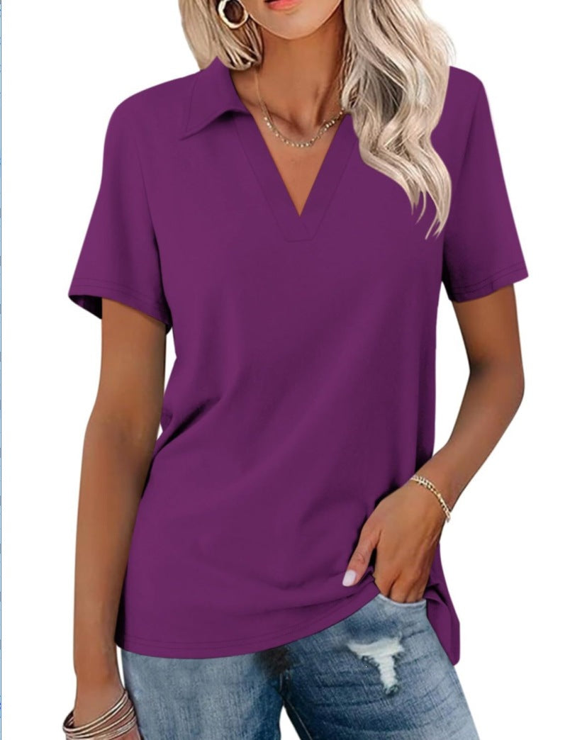 White Notch V-Neck Short Sleeve Polo T-Shirt