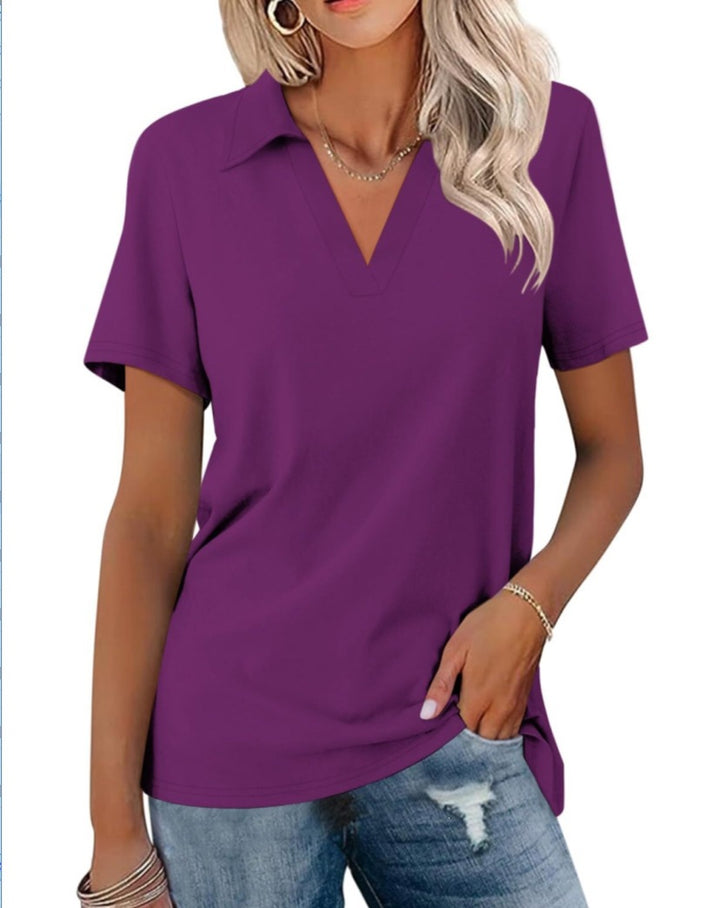 White Notch V-Neck Short Sleeve Polo T-Shirt