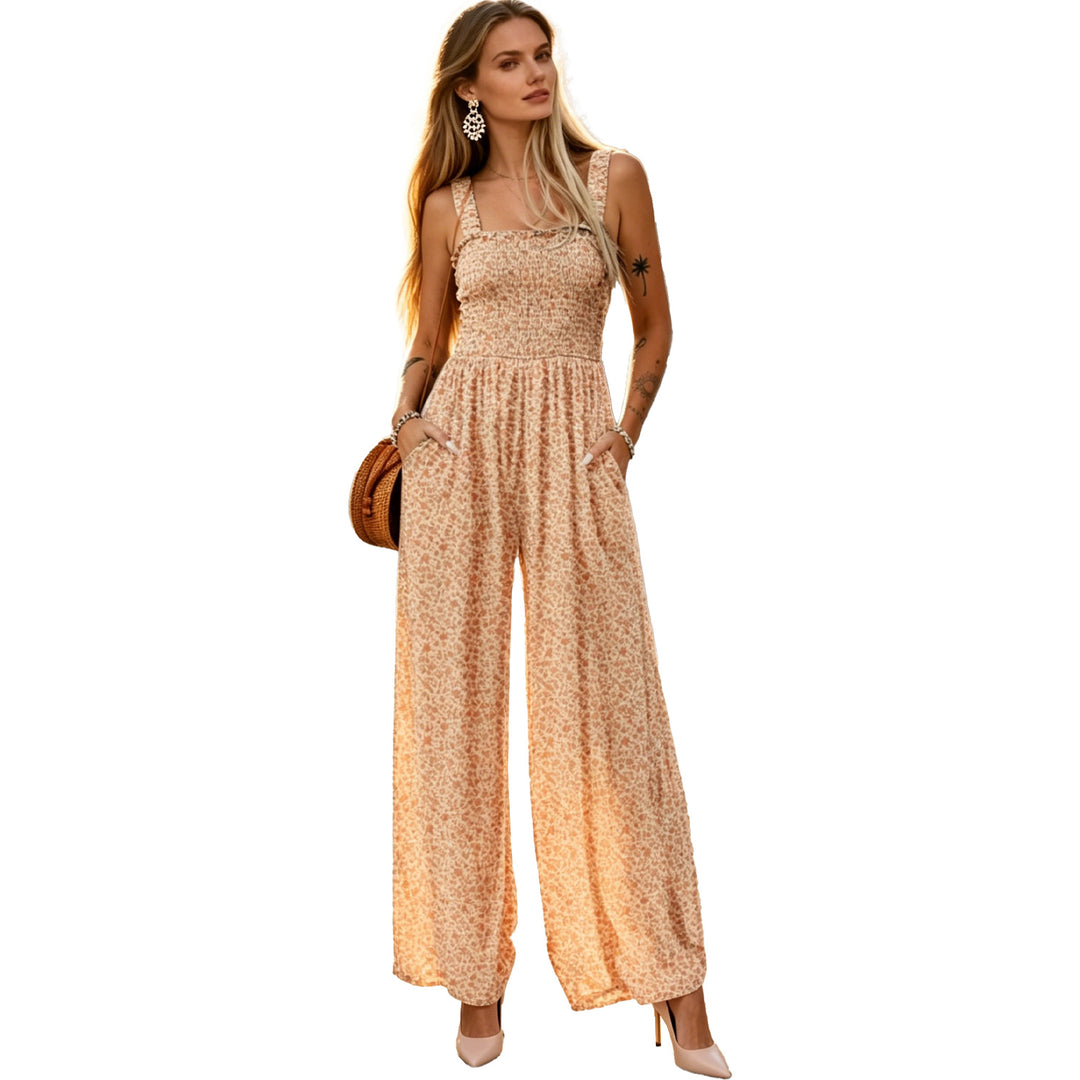 Floral Print Square Neck Smocked Wide-Leg Jumpsuit, Sleeveless Summer Jumpsuit