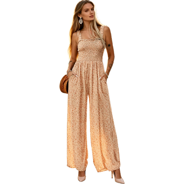 Floral Print Square Neck Smocked Wide-Leg Jumpsuit, Sleeveless Summer Jumpsuit