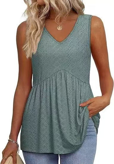 Eyelet Embroidery V Neck Sleeveless Peplum Tank Top With Side Pockets