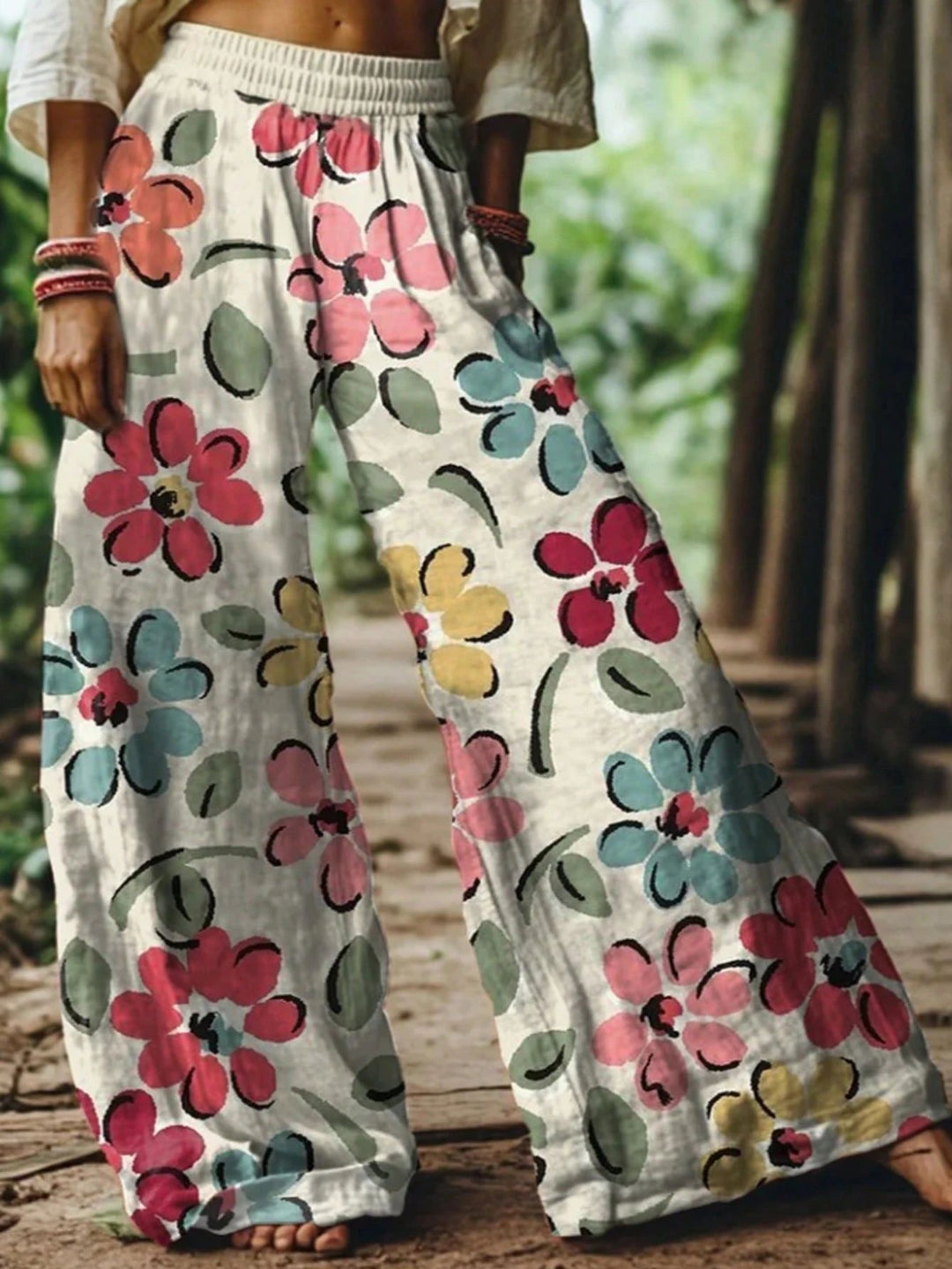 Watercolor Floral Elastic High Waist Wide Leg Palazzo Pants