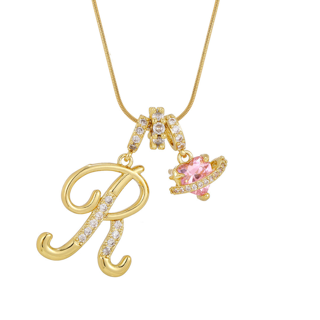 Personalized Pink Heart Saturn Initial Necklace – Dainty Gold &amp; Silver Letter Jewelry