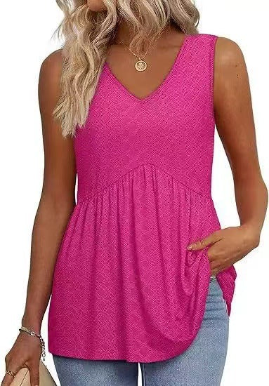 Eyelet Embroidery V Neck Sleeveless Peplum Tank Top With Side Pockets
