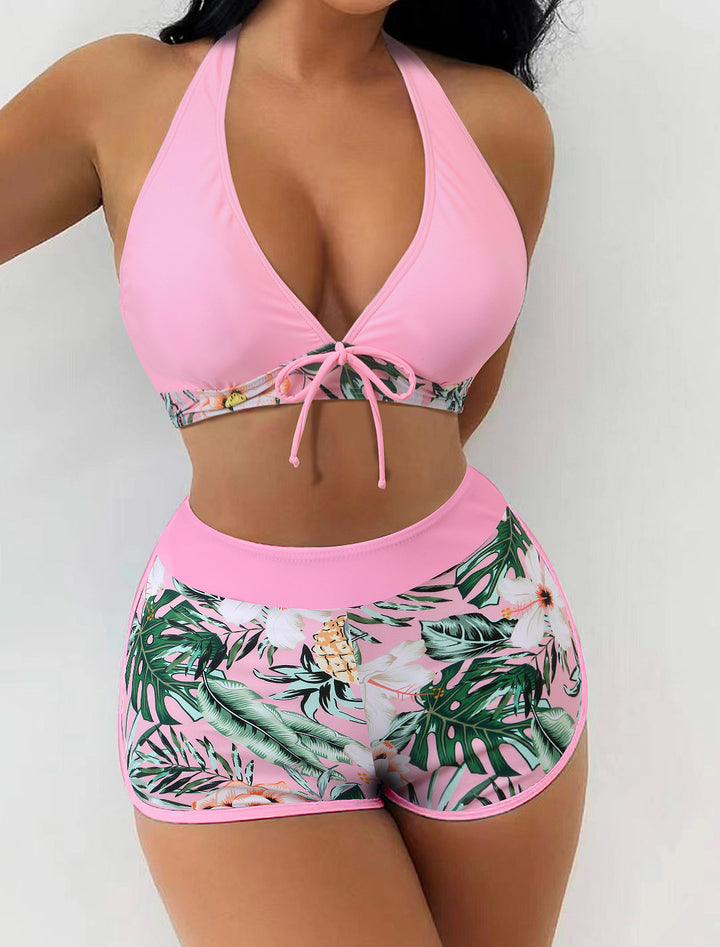 Tropical Print Halter Bikini Top &amp;amp; High-Waisted Swim Shorts Set