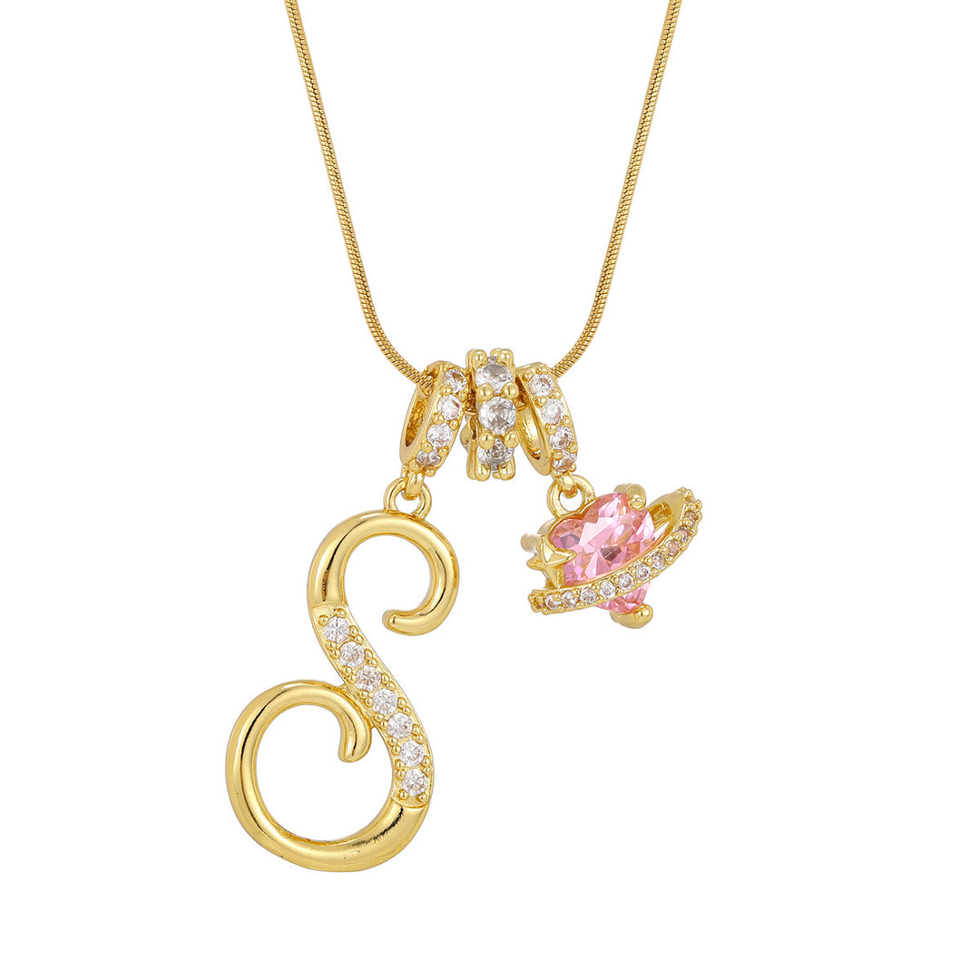 Personalized Pink Heart Saturn Initial Necklace – Dainty Gold &amp; Silver Letter Jewelry