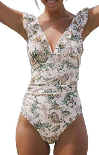 Floral Ruffle-Shoulder Ruched One-Piece Swimsuit