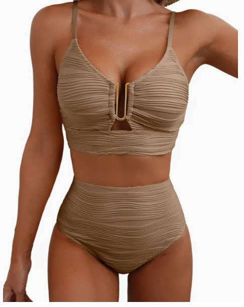 2 Piece Bikini Set U-Wire Cutout Popular Swimsuit High Waisted Textured 2026 Summer Beach Swim Bathing Suits