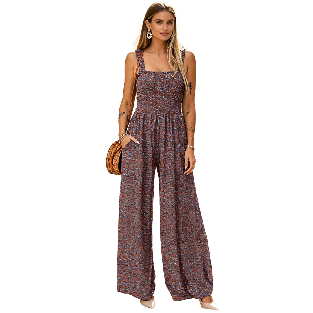 Floral Print Square Neck Smocked Wide-Leg Jumpsuit, Sleeveless Summer Jumpsuit