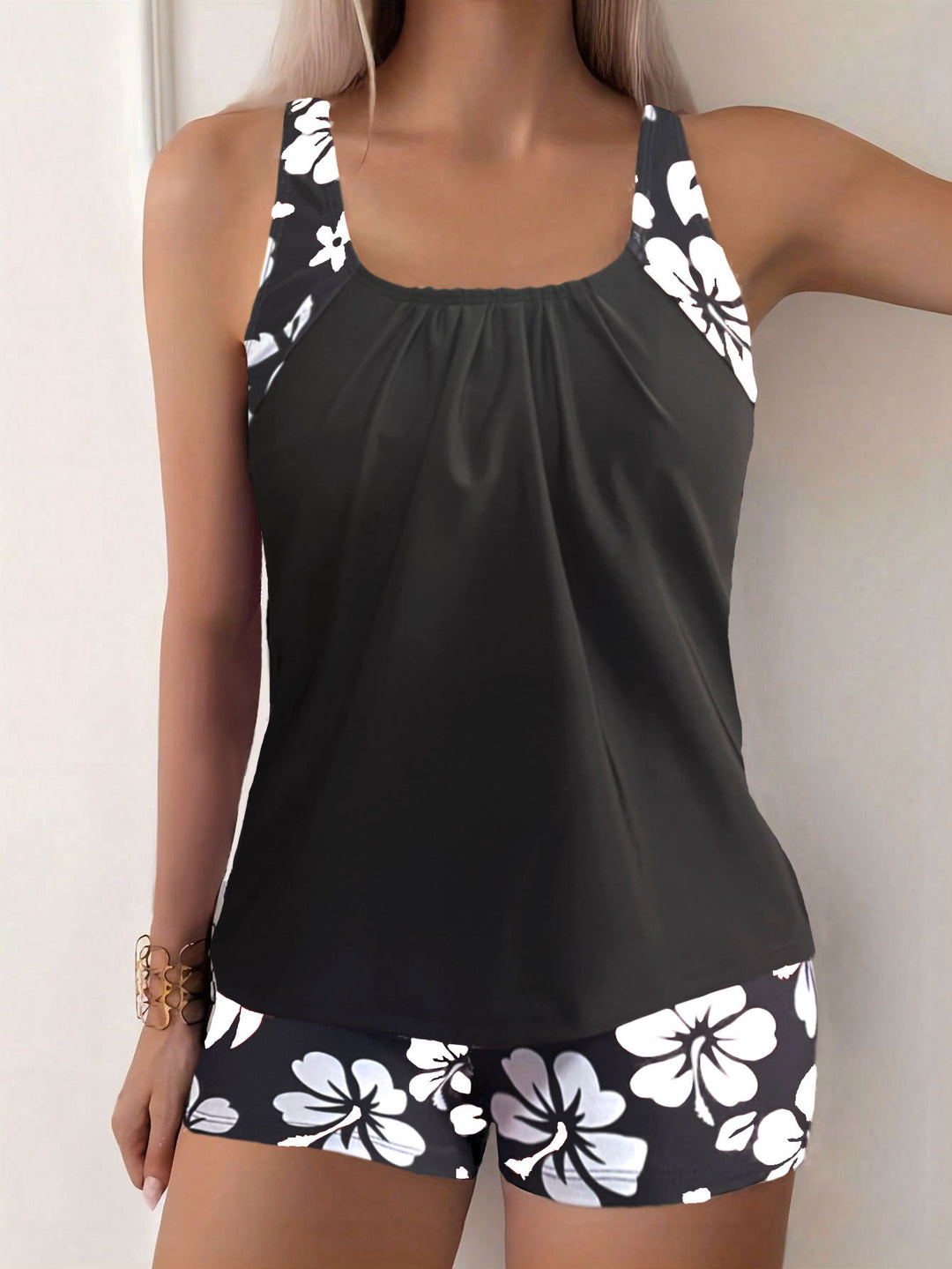 Black Floral Print Tankini with Swim Shorts