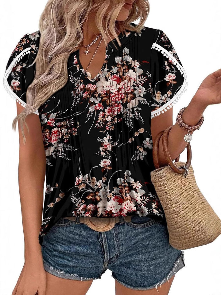 Paisley Print Lace Trim Short Sleeve Blouse