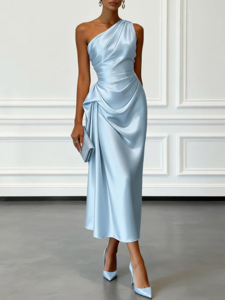 Multi-Color One-Shoulder Satin Midi Dress | Ruched Elegant Party Cocktail Dress
