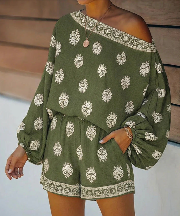Off-Shoulder Embroidered Two-Piece Short Set | Boho Balloon Sleeve Summer Outfit
