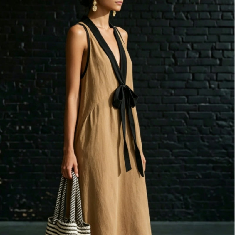 Contrast Trim V-Neck Tie-Front Maxi Dress
