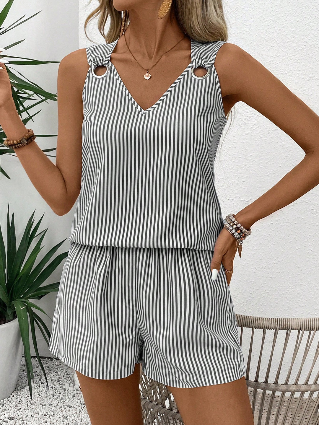 Yellow White Striped V-Neck Romper