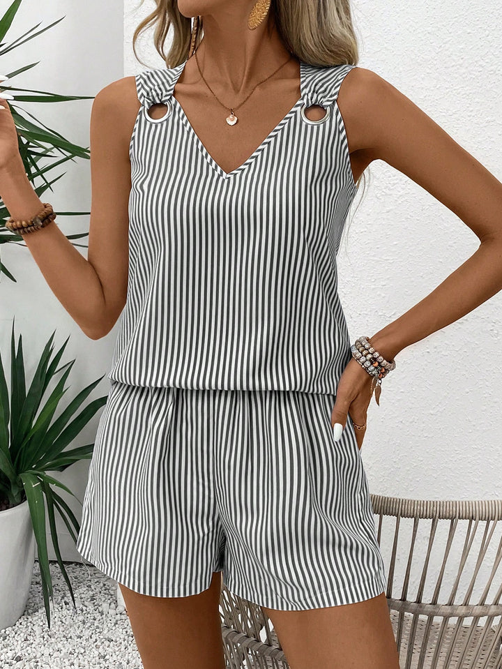 Yellow White Striped V-Neck Romper