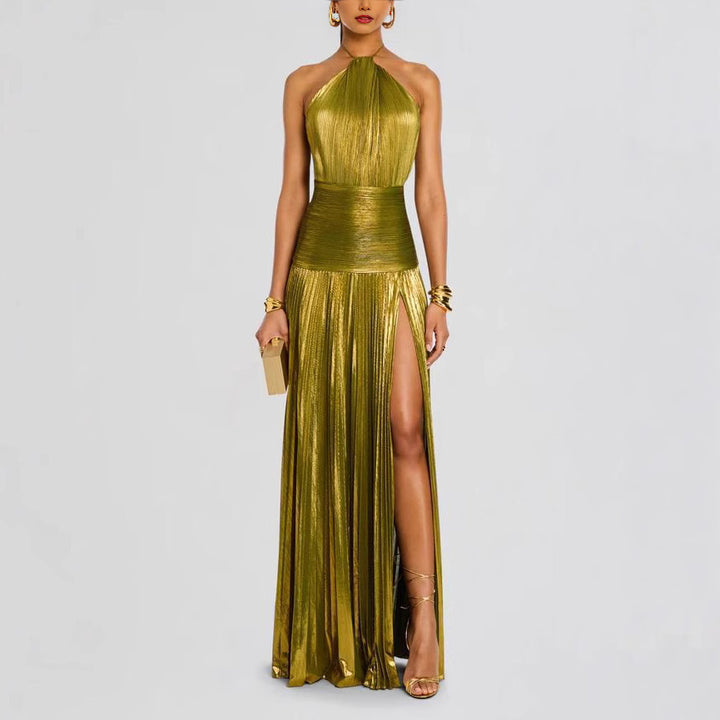 Metallic Olive Green Halter Neck Pleated Gown with High Slit