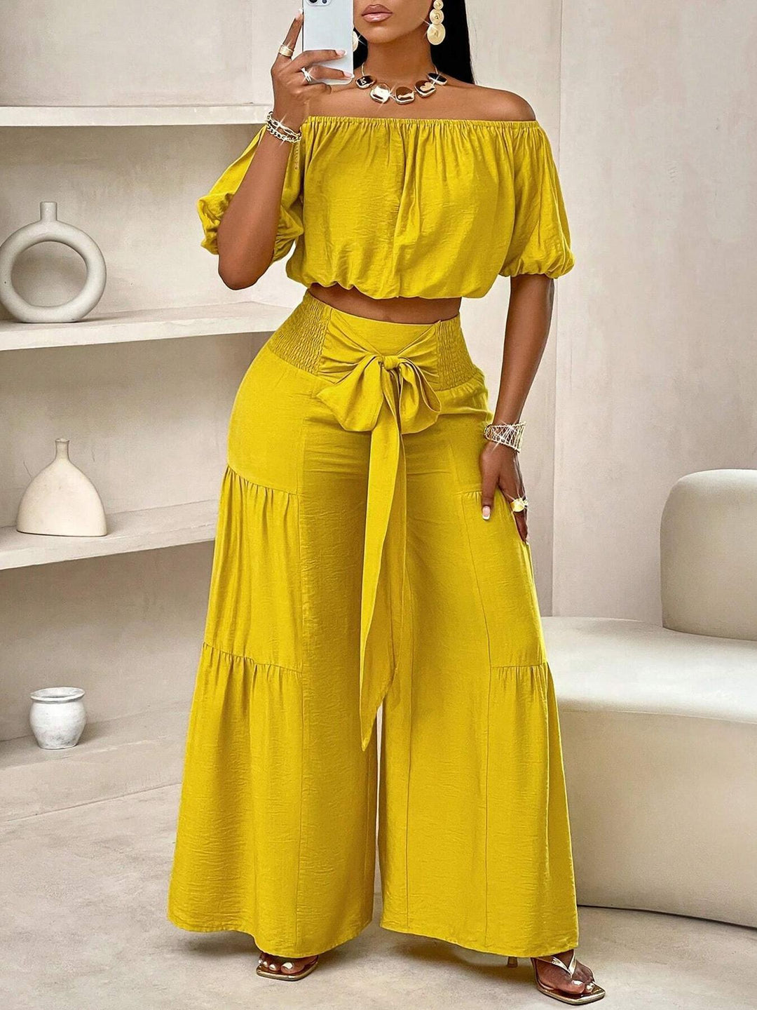 Off-Shoulder Puff Sleeve Crop Top &amp;amp; Tie-Waist Tiered Wide Leg Pants Two-Piece Set