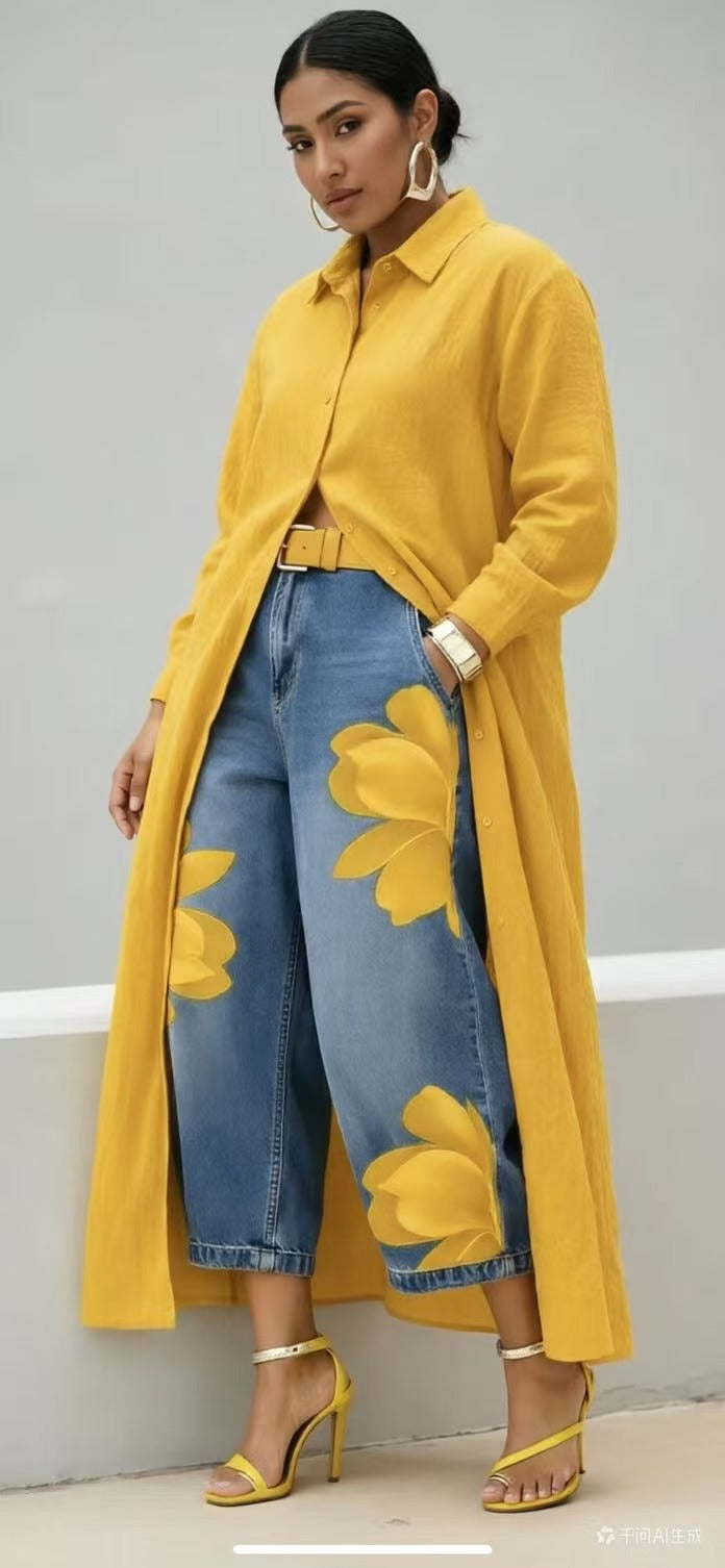 Medium Wash Cropped Wide Leg Jeans with Large Blue Floral Print