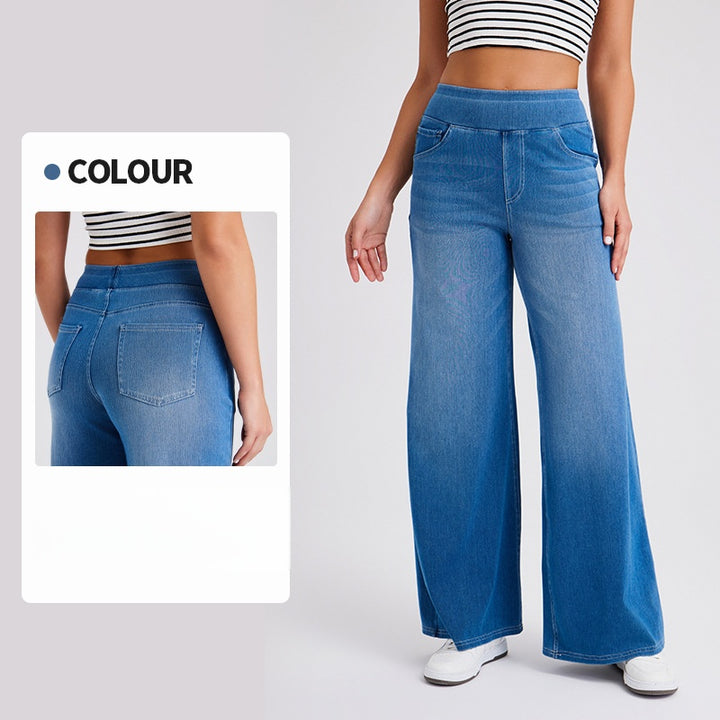 High-Waisted Stretch Pull-On Wide Leg Jeans | Ultra Comfort Soft Denim Pants