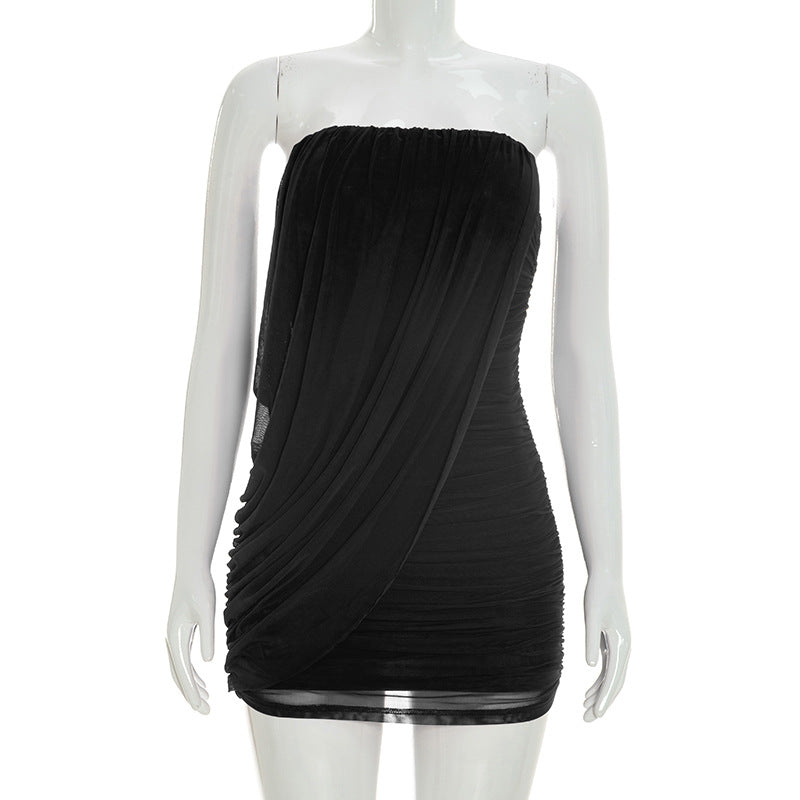 Ruched Mesh Strapless Bodycon Mini Dress
