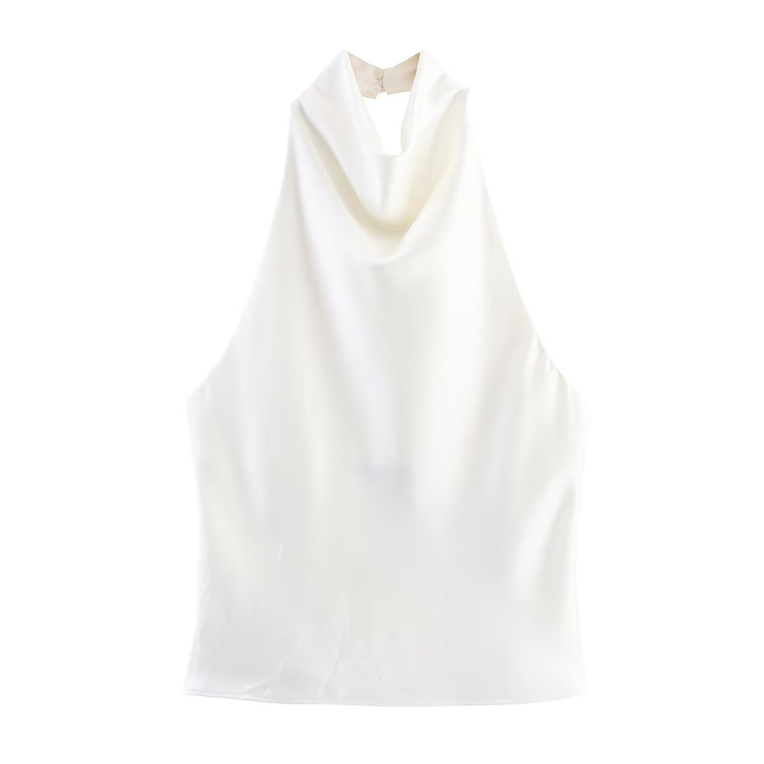 Chocolate Brown Cowl Neck Satin Halter Top, Elegant Sleeveless Blouse for Women