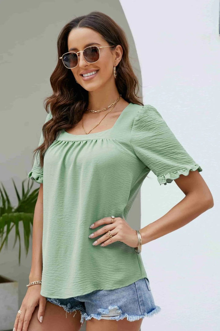 Square Neck Ruched Ruffle Short Sleeve Blouse | Textured Everyday Top