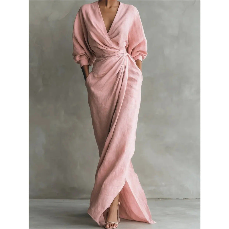 Pink Linen Wrap Maxi Dress
