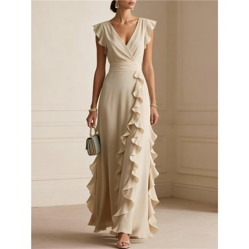 Ruffle Trim V-Neck Evening Maxi Dress