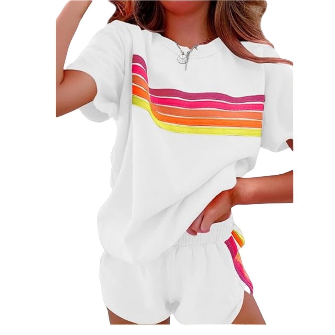Green Rainbow Stripe Tee &amp;amp; Shorts Loungewear Set