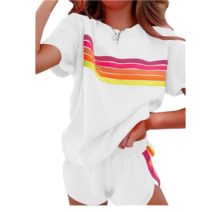 Green Rainbow Stripe Tee &amp;amp; Shorts Loungewear Set