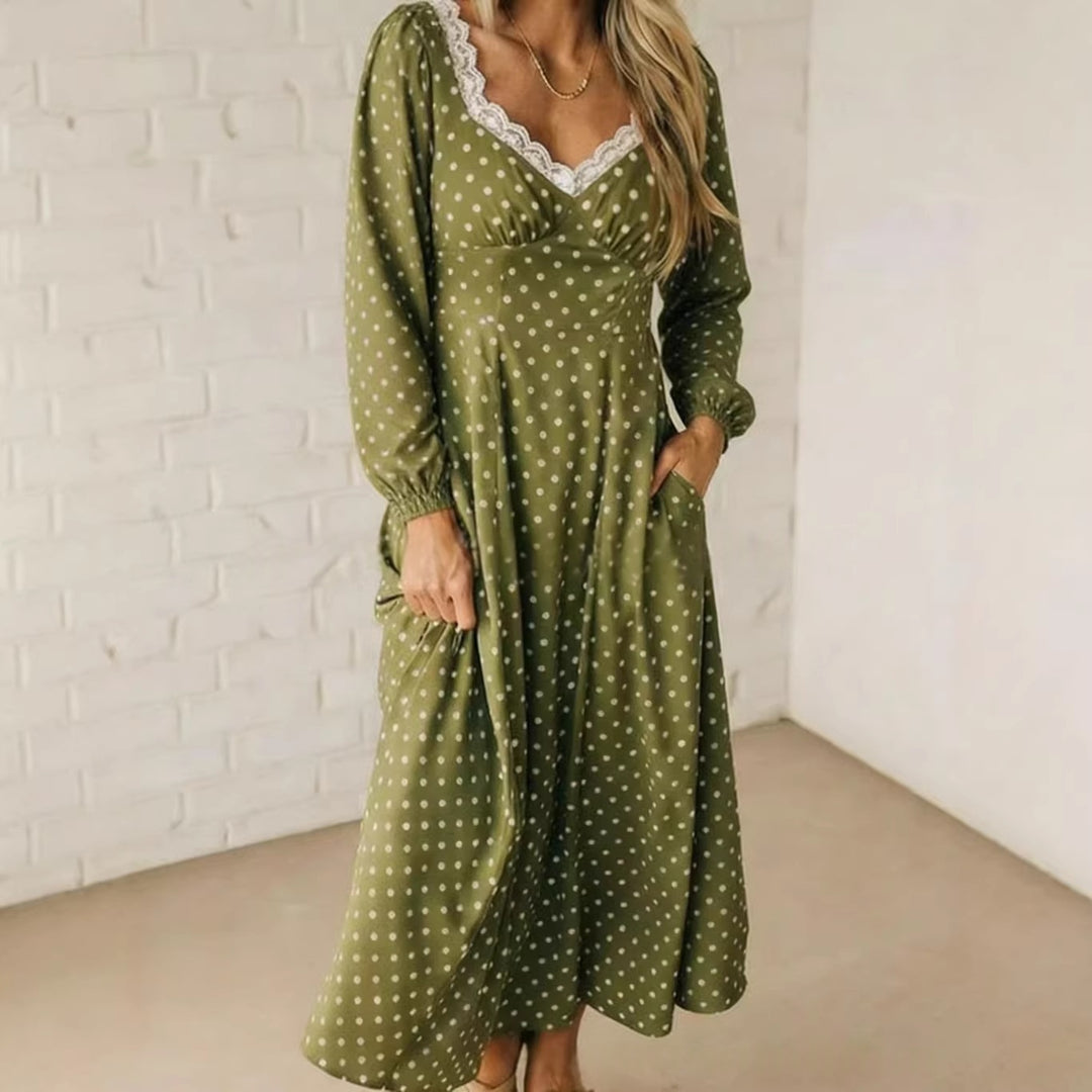 Polka Dot Lace Trim Midi Dress, V-Neck Puff Sleeve Smocked Back Summer Dress
