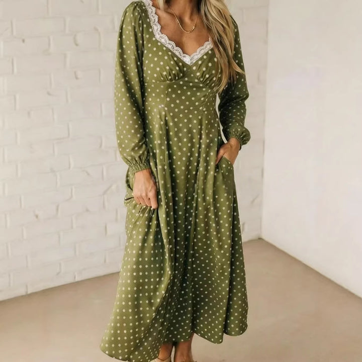 Polka Dot Lace Trim Midi Dress, V-Neck Puff Sleeve Smocked Back Summer Dress