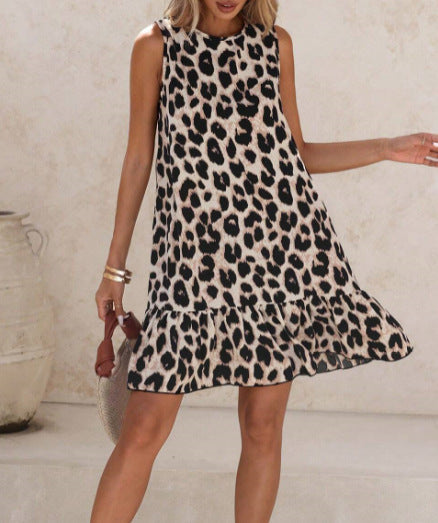 Sleeveless Leopard Print Ruffle Hem Shift Mini Dress