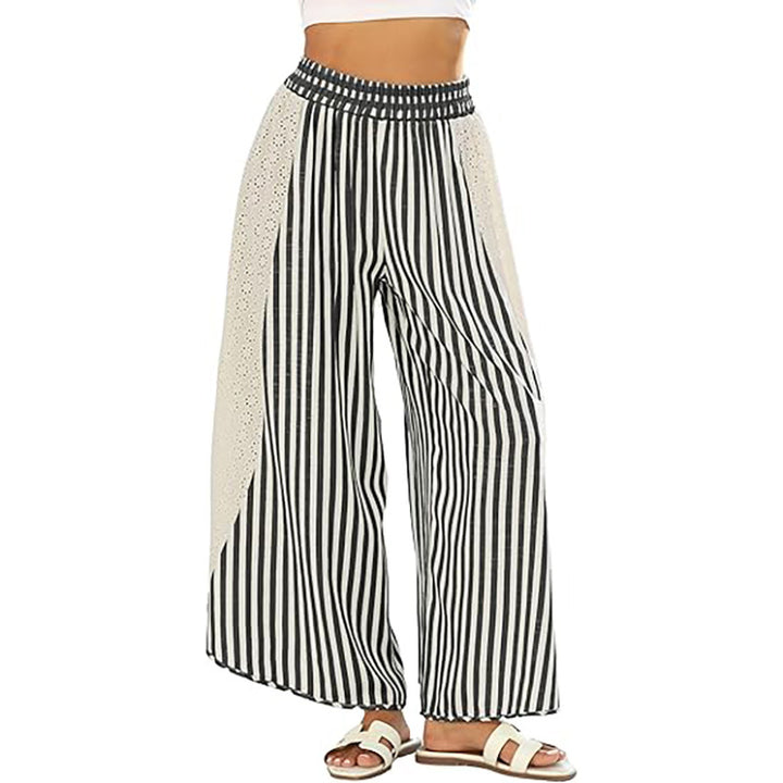 Striped Wide Leg Pants with Crochet Lace Side Panels