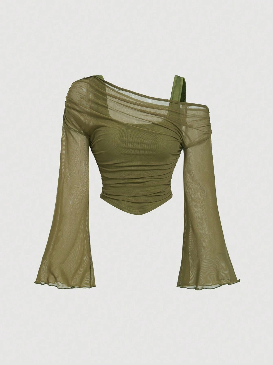 Off-Shoulder Mesh Flare Sleeve Cropped Top