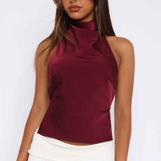 Satin Halter Neck Backless Crop Top  Luxe shine. Statement silhouette.