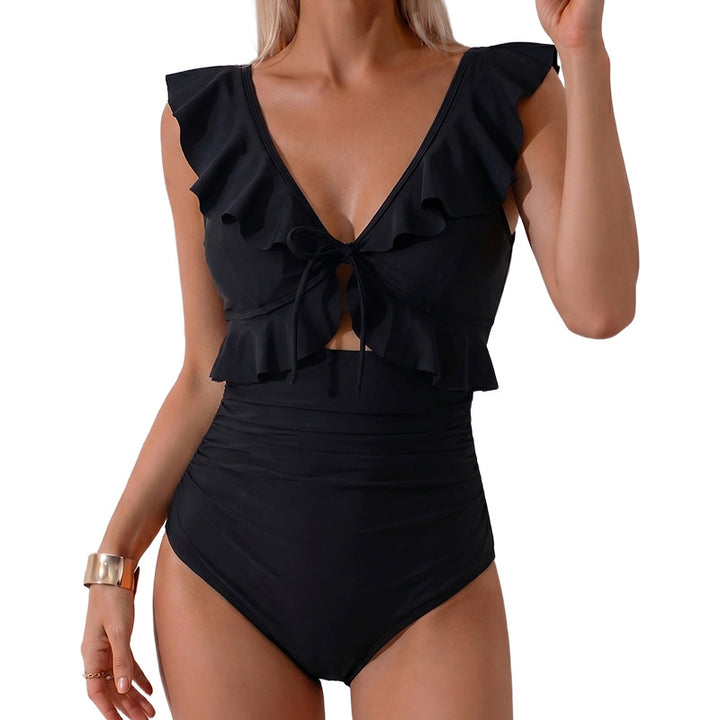 Black Ruffle Tie-Front Tummy Control One-Piece Swimsuit