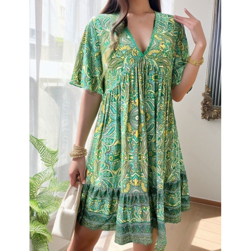 Boho Paisley Print V-Neck Ruffle Hem Mini Dress