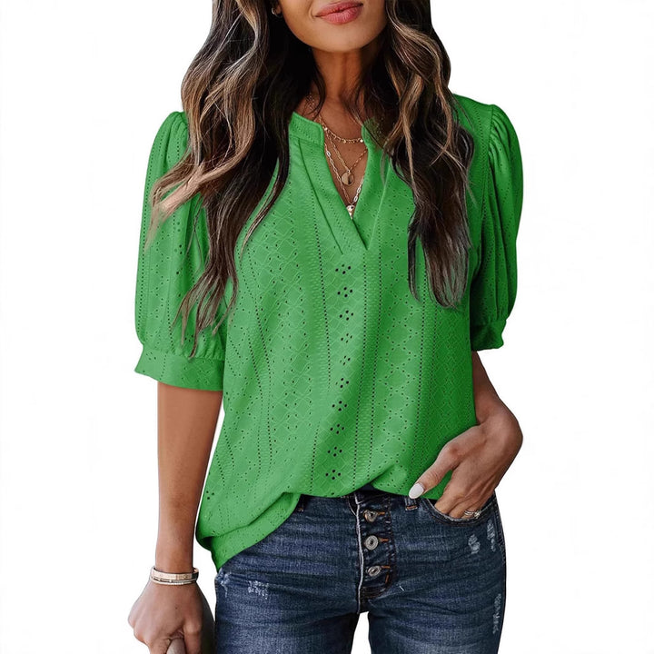 Eyelet Puff Sleeve Split Neck Blouse