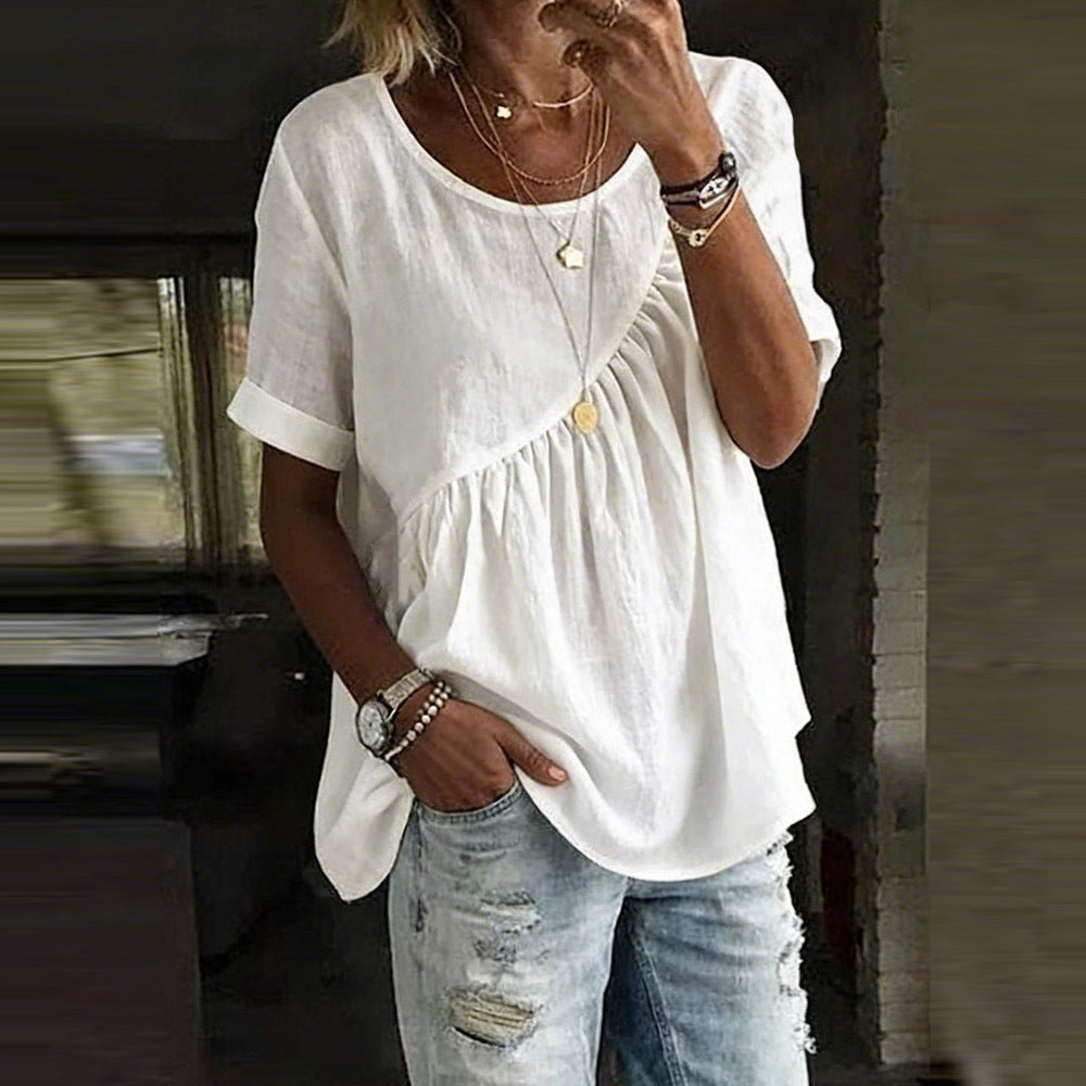 White Linen-Blend Gathered Peplum Top