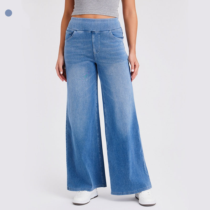 High-Waisted Stretch Pull-On Wide Leg Jeans | Ultra Comfort Soft Denim Pants