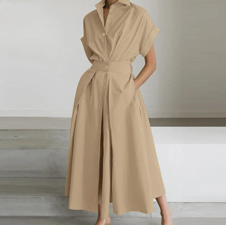 Solid Color Woven Collared Shirt Dress