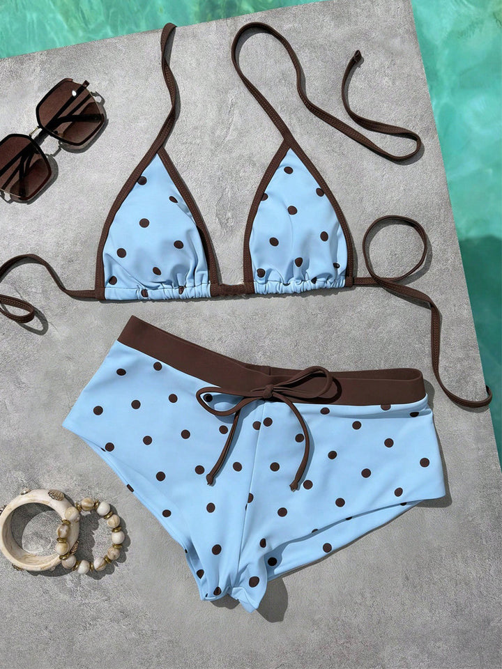 Polka Dot Halter Triangle Bikini Set | Retro Buttermilk Yellow &amp;amp; Brown High Waist Two-Piece Swimsuit