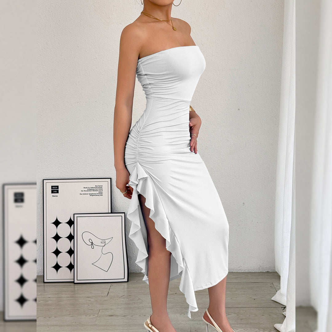 Black Strapless Ruched Ruffle Slit Midi Dress