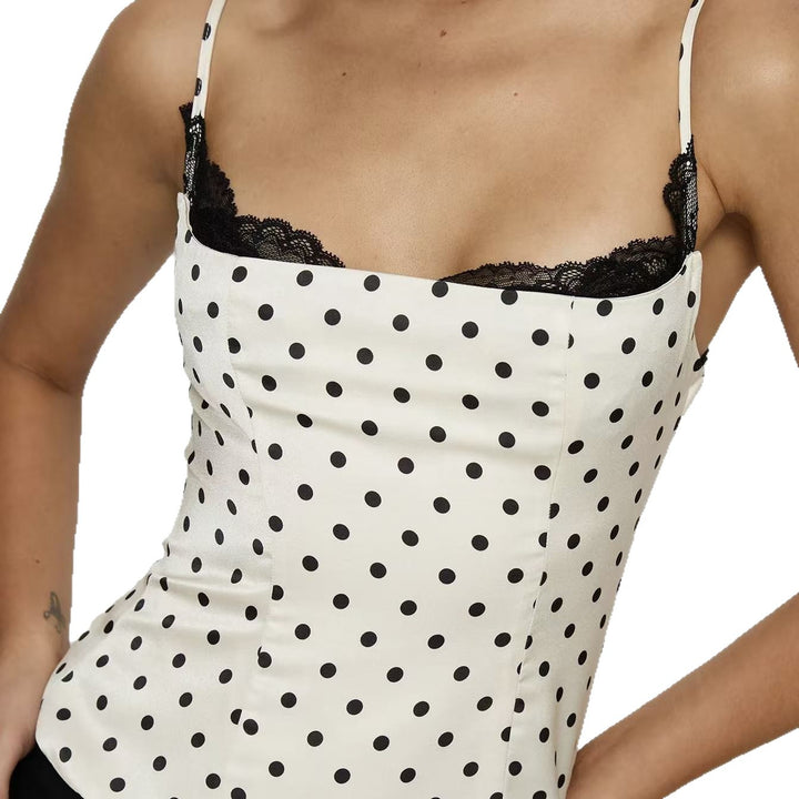 Polka Dot Lace-Trim Corset Cami Top | Vintage Sweetheart Open Back Statement Tank