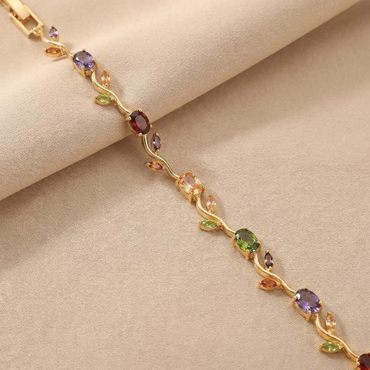 Gold Tone Multicolor Gem Vine Leaf Bracelet | Vintage Nature-Inspired CZ Cuff
