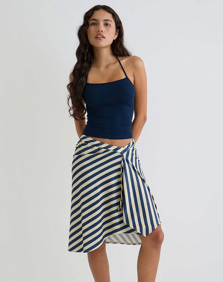 Beige Diagonal Stripe Asymmetric Midi Skirt